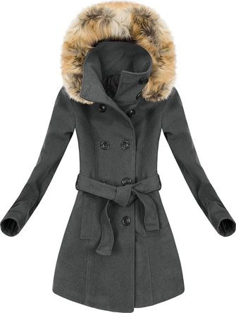 KRÓTKI PŁASZCZ ZIMOWY Z KAPTUREM CIEMNOSZARY (696)