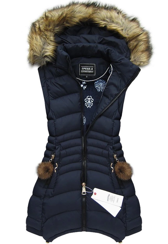 PIKOWANA KURTKA BEZRĘKAWNIK Z KAPTUREM GRANATOWA (W822)