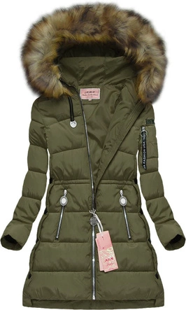PIKOWANA KURTKA DAMSKA ZIMOWA Z KAPTUREM KHAKI (W594)