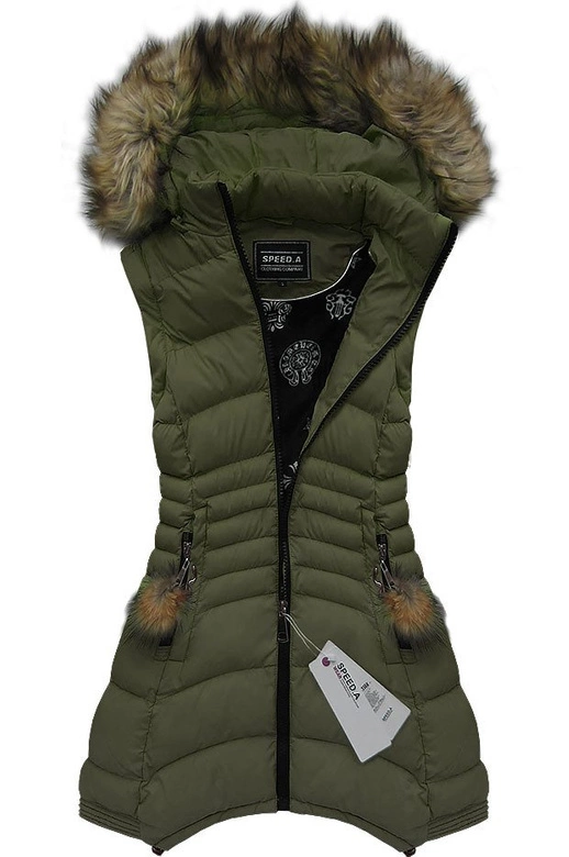 PIKOWANA KURTKA BEZRĘKAWNIK Z KAPTUREM KHAKI (W822)