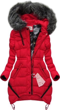 DŁUGA PIKOWANA KURTKA Z KAPTUREM CZERWONA (W509)