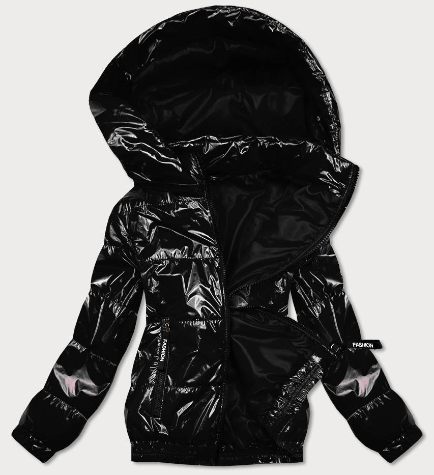 Błyszcząca kurtka pikowana z kapturem czarna (br9788-1)