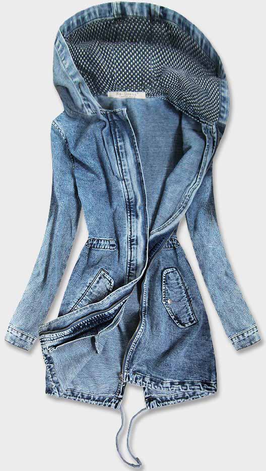 Długa jeansowa damska kurtka z kapturem niebieska (c122)