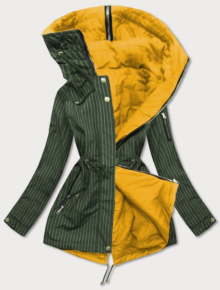 Dwustronna kurtka z kapturem w paski khaki-żółta (w659big)