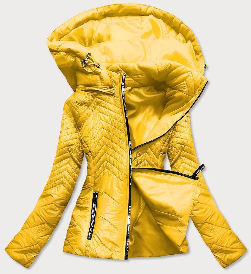Krótka pikowana kurtka damska z kapturem żółta (b9566)