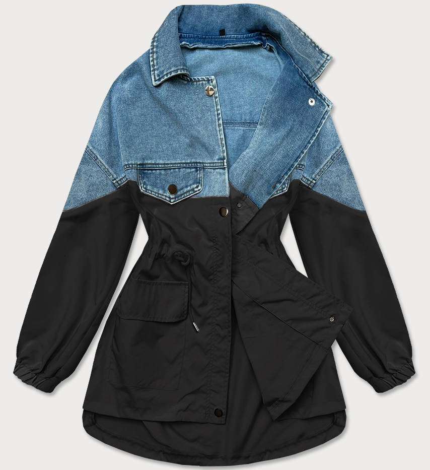 Luźna kurtka jeansowa z łączonych materiałów niebiesko-czarna (b9791-5001)