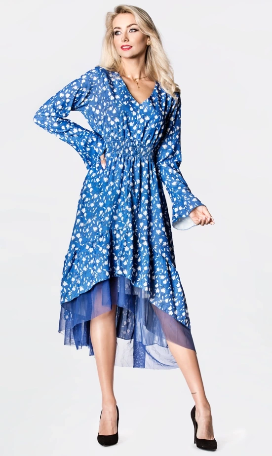 Zwiewna sukienka z ozdobnym dołem Ann Gissy niebieska (DLY017)