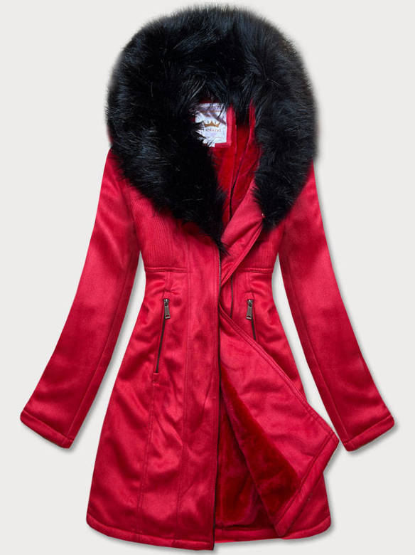 Zamszowa kurtka damska z futerkiem czerwona (6517)