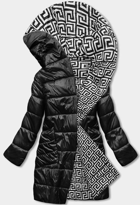 Kopertowa kurtka damska z kapturem czarno-biała (R8040)