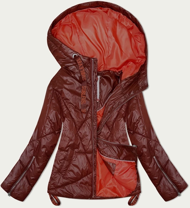 Przejściowa pikowana kurtka damska z kapturem ciemny rudy (21300)