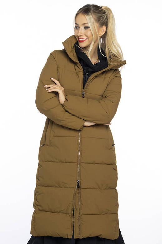 Długa taliowana damska kurtka zimowa Ann Gissy brązowa (AG1-J9157)