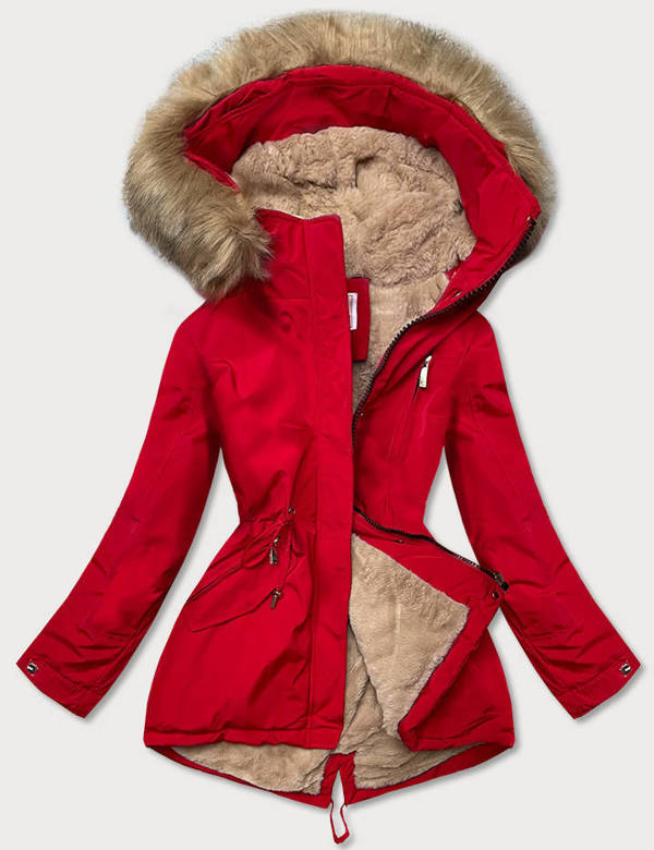 Zimowa kurtka damska z futrzaną podszewką czerwony-beż (w558)