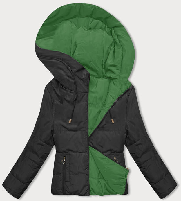 Dwustronna krótka kurtka z kapturem czarno-zielona (B8181-1082)