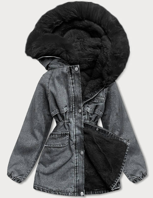Damska kurtka jeansowa na futrzanej podszewce czarna (br8048-101)