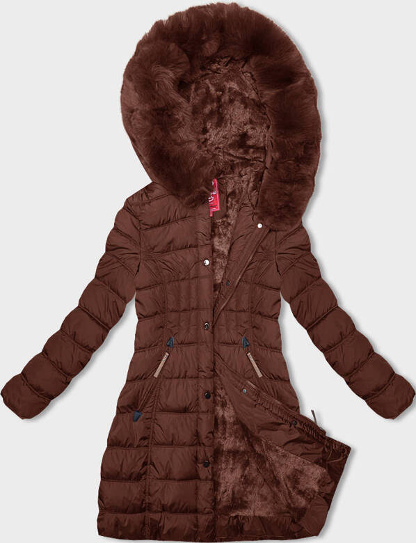 Zimowa kurtka damska z kapturem cegła (2M-21013)