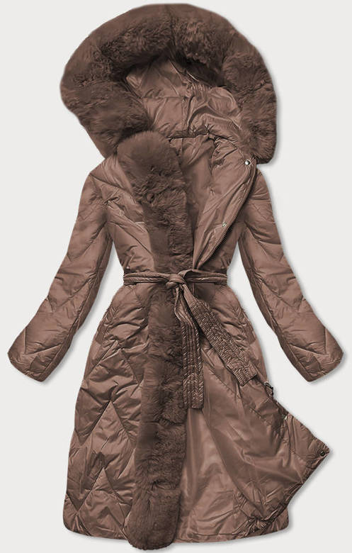Damska długa kurtka pikowana zimowa brązowa (fm11-3)