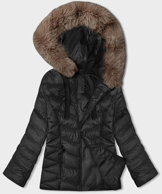 Krótka kurtka zimowa z kapturem czarny-beż (5M3138-392B)