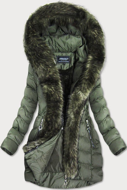 Pikowana kurtka damska zimowa z kapturem khaki (w756-1)