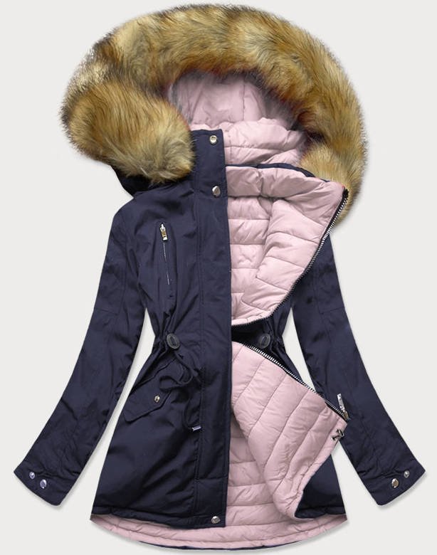 Dwustronna damska kurtka zimowa z kapturem granatowo-różowa (w213)