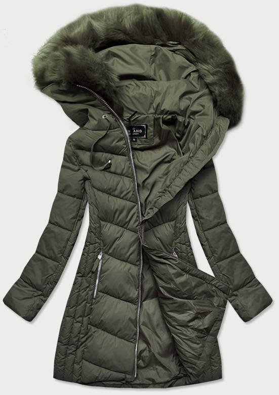 Długa pikowana kurtka damska zimowa khaki (7689)
