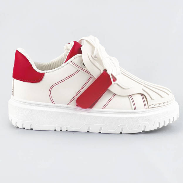 Damskie buty sportowe z nakładką na sznurowadła biało-czerwone (ra2049)