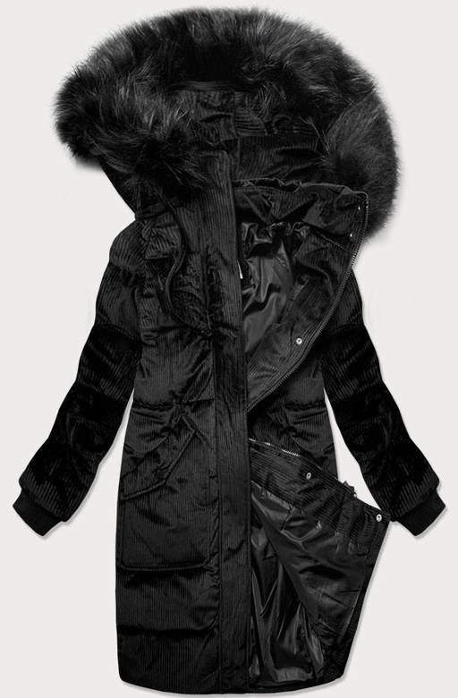 Sztruksowa zimowa kurtka damska z kapturem czarna (7764)