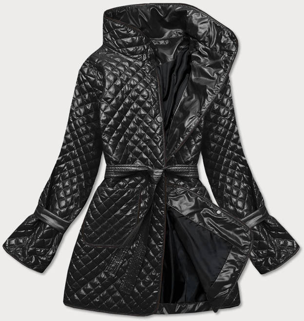 Pikowana kurtka damska z paskiem czarna (7262)