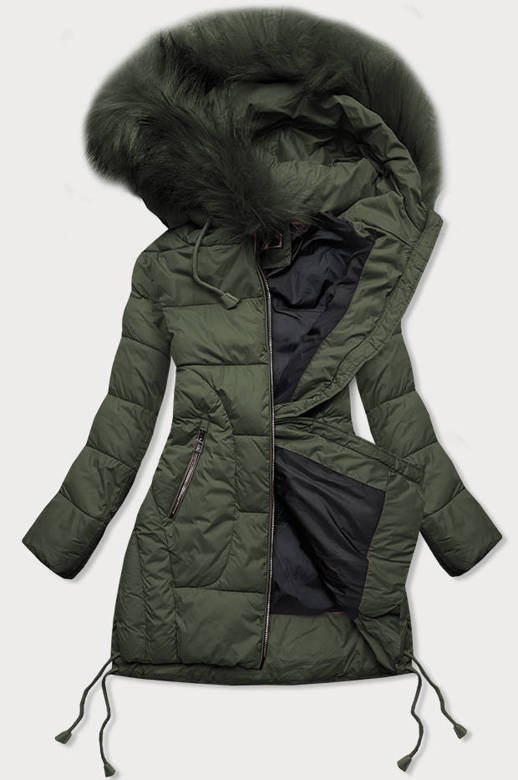 Pikowana damska kurtka zimowa z kapturem khaki (7690)