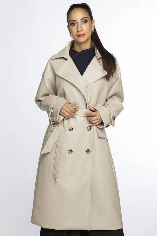 Dwurzędowy klasyczny płaszcz damski ze skóry ekologicznej Ann Gissy beżowy (AG6-30)