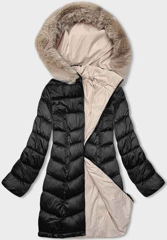 Zimowa dwustronna kurtka damska z kapturem czarny-beż (B8202-1046)