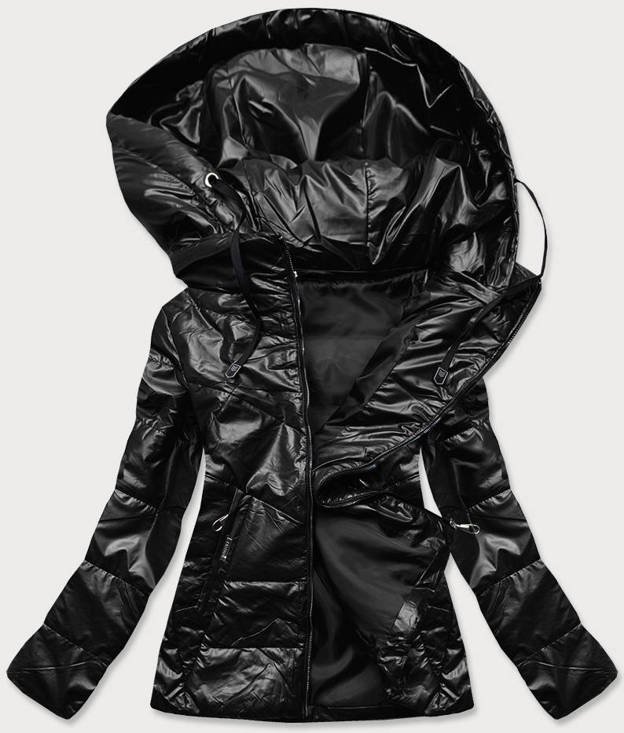 Błyszcząca damska kurtka z kapturem czarna (b9751)