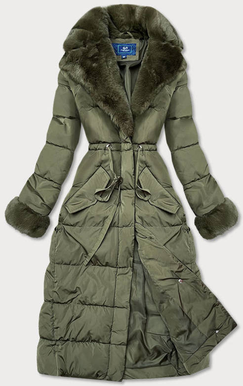 Długa kurtka zimowa z futrzanym kołnierzem khaki (j9-071)