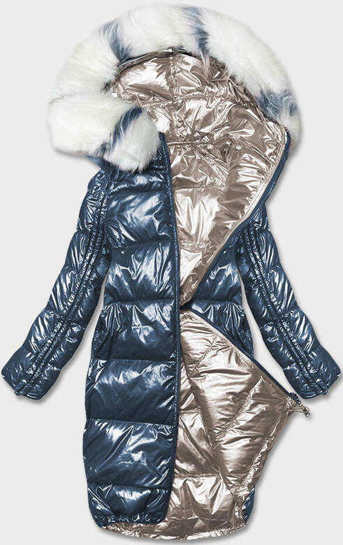 Dwustronna metaliczna kurtka zimowa granatowo-beżowa (p21-7901-99+62)