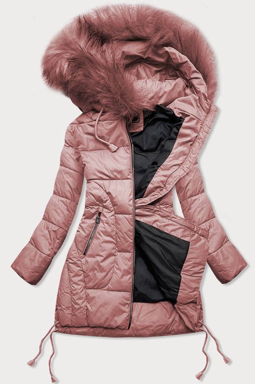 Pikowana damska kurtka zimowa z kapturem antyczny róż (7690)