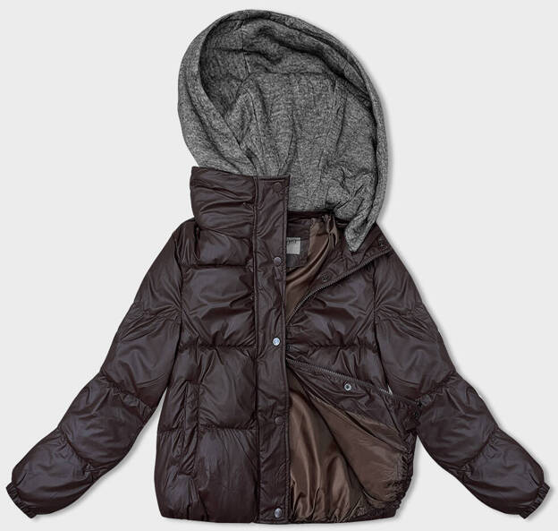 Zimowa kurtka damska z dzianinowym kapturem brązowa (B8213-14)