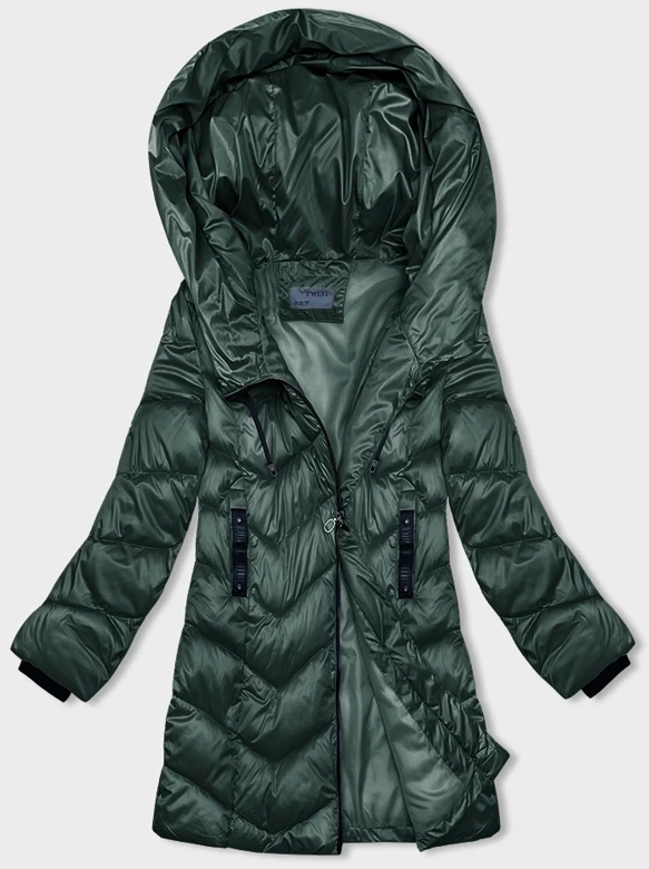 Zimowa kurtka damska z asymetrycznym zamkiem ciemnozielona (B8167-10)