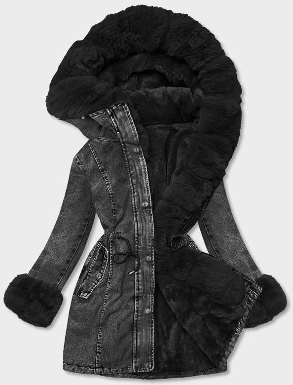 Damska kurtka jeansowa na futrzanej podszewce czarna (B8068-101)