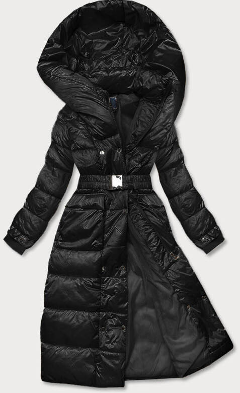Długa damska kurtka z paskiem czarna (AG1-J9090)