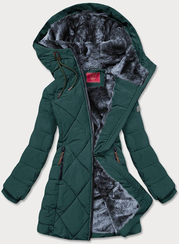 Zimowa kurtka damska z kapturem butelkowa zieleń (m-21003)