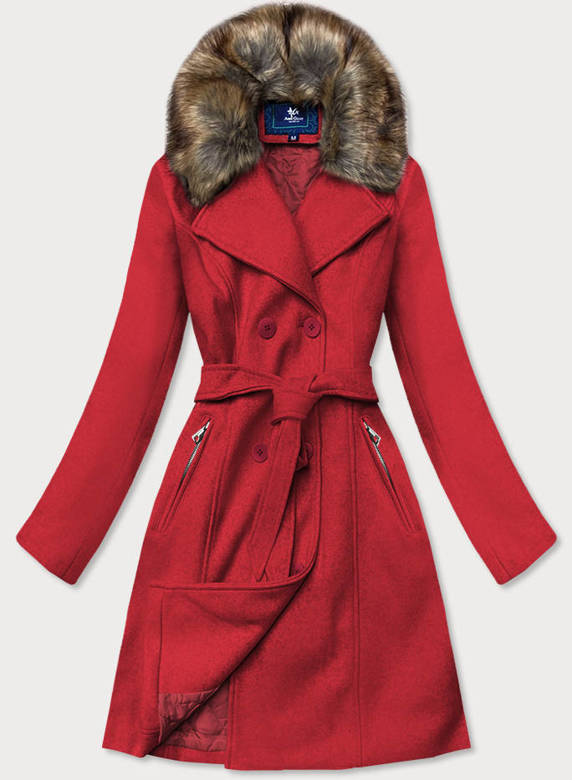 Damski płaszcz z futerkiem czerwony (jc241)