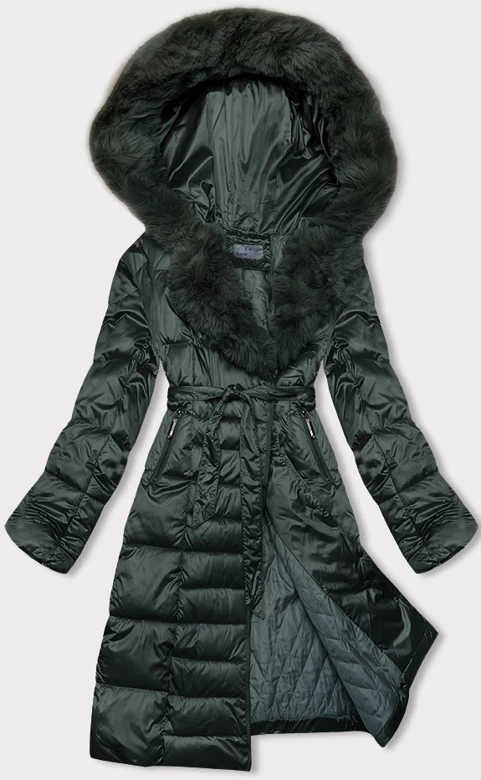 Zimowa kurtka damska z paskiem zielona ciemna S'west (B8195-10)