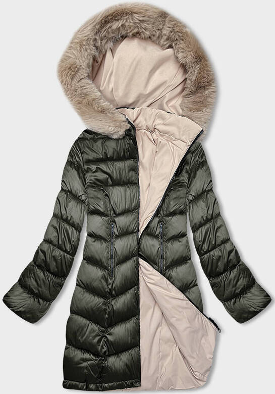 Zimowa dwustronna kurtka damska z kapturem khaki-beż (B8203-11046)