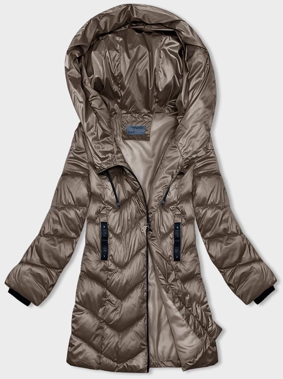 Zimowa kurtka damska z asymetrycznym zamkiem ciemny beż (B8167-12)