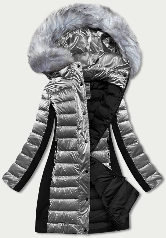Zimowa kurtka damska z łączonych materiałów szara (dk067-45)