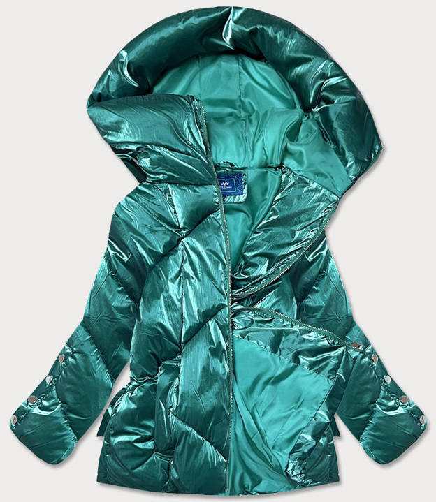 Metaliczna krótka zimowa kurtka damska puffer zielona (omdl-022)