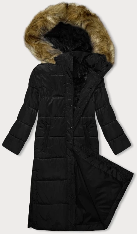 Długa kurtka zimowa z kapturem czarna (V726)