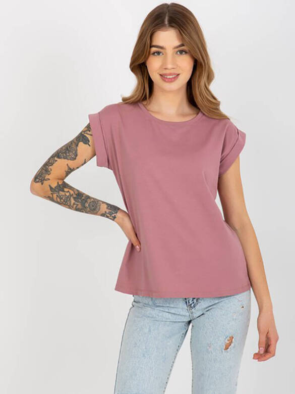 Bawełniany t-shirt z podwijanymi rękawkami Feel Good brudny różowy (4833-35)