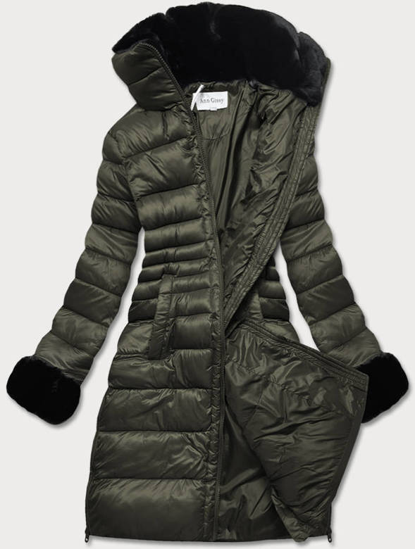 Dłuższa damska pikowana kurtka zimowa khaki (j19-017)