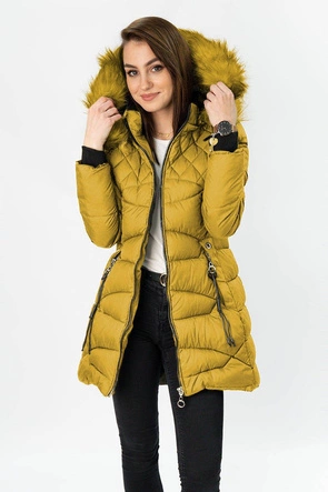 PIKOWANA DAMSKA KURTKA Z KAPTUREM MUSZTARDOWA (808)