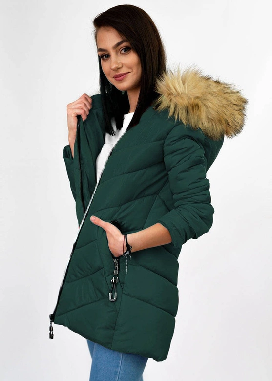 ZIMOWA PIKOWANA KURTKA DAMSKA Z KAPTUREM CIEMNOZIELONA (B2633)